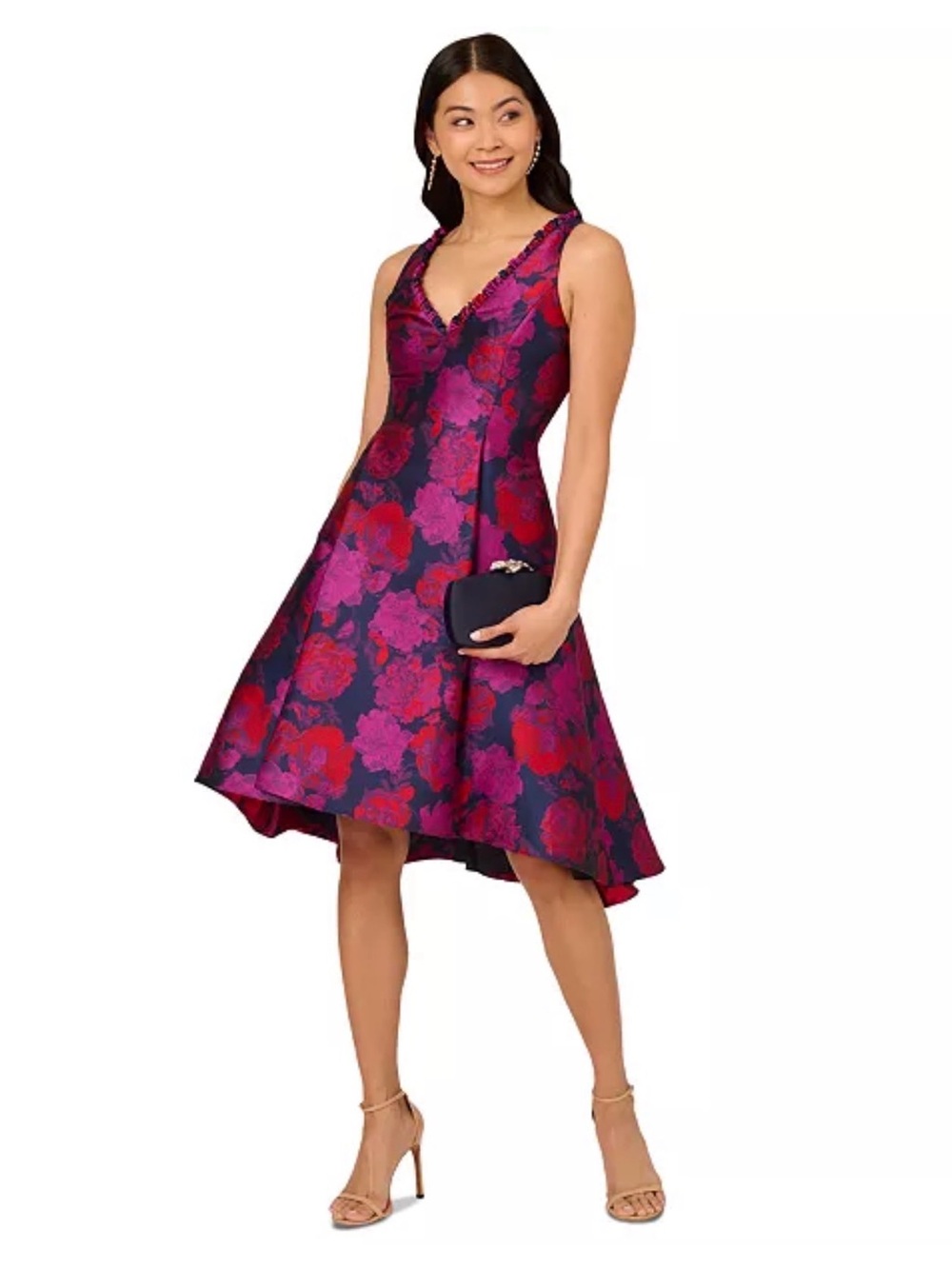 Adrianna Papell Magenta and Navy Floral High-Low V-Neck Dress